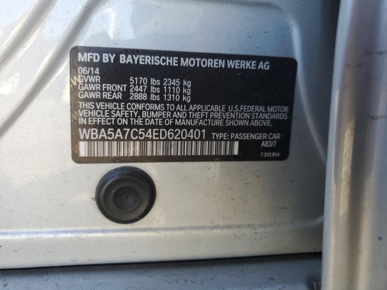 2014 BMW 528 Xi VIN: WBA5A7C54ED620401 Lot: 53632715
