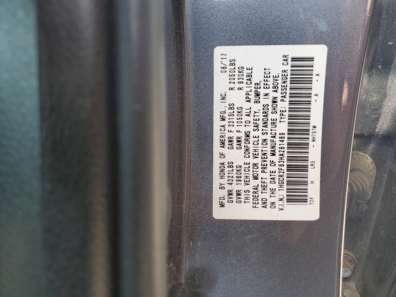 2017 Honda Accord Exl VIN: 1HGCR2F83HA281469 Lot: 53963725
