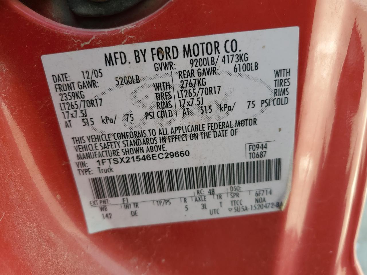 2006 Ford F250 Super Duty VIN: 1FTSX21546EC29660 Lot: 54187375