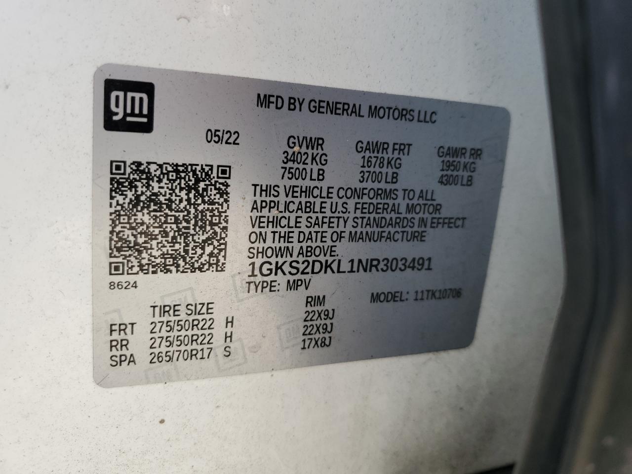 2022 GMC Yukon Denali VIN: 1GKS2DKL1NR303491 Lot: 54393035