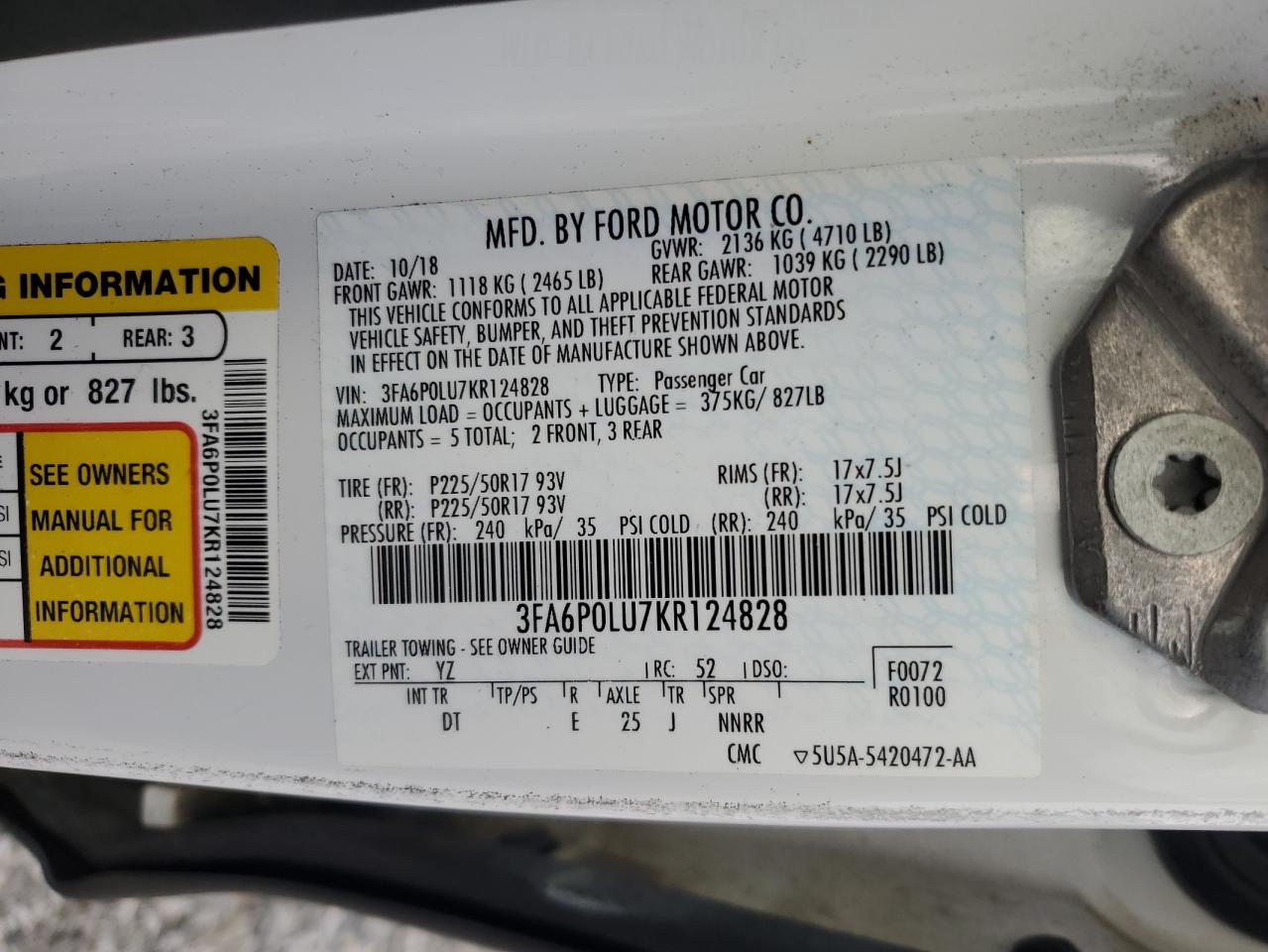 2019 Ford Fusion Se VIN: 3FA6P0LU7KR124828 Lot: 54030285