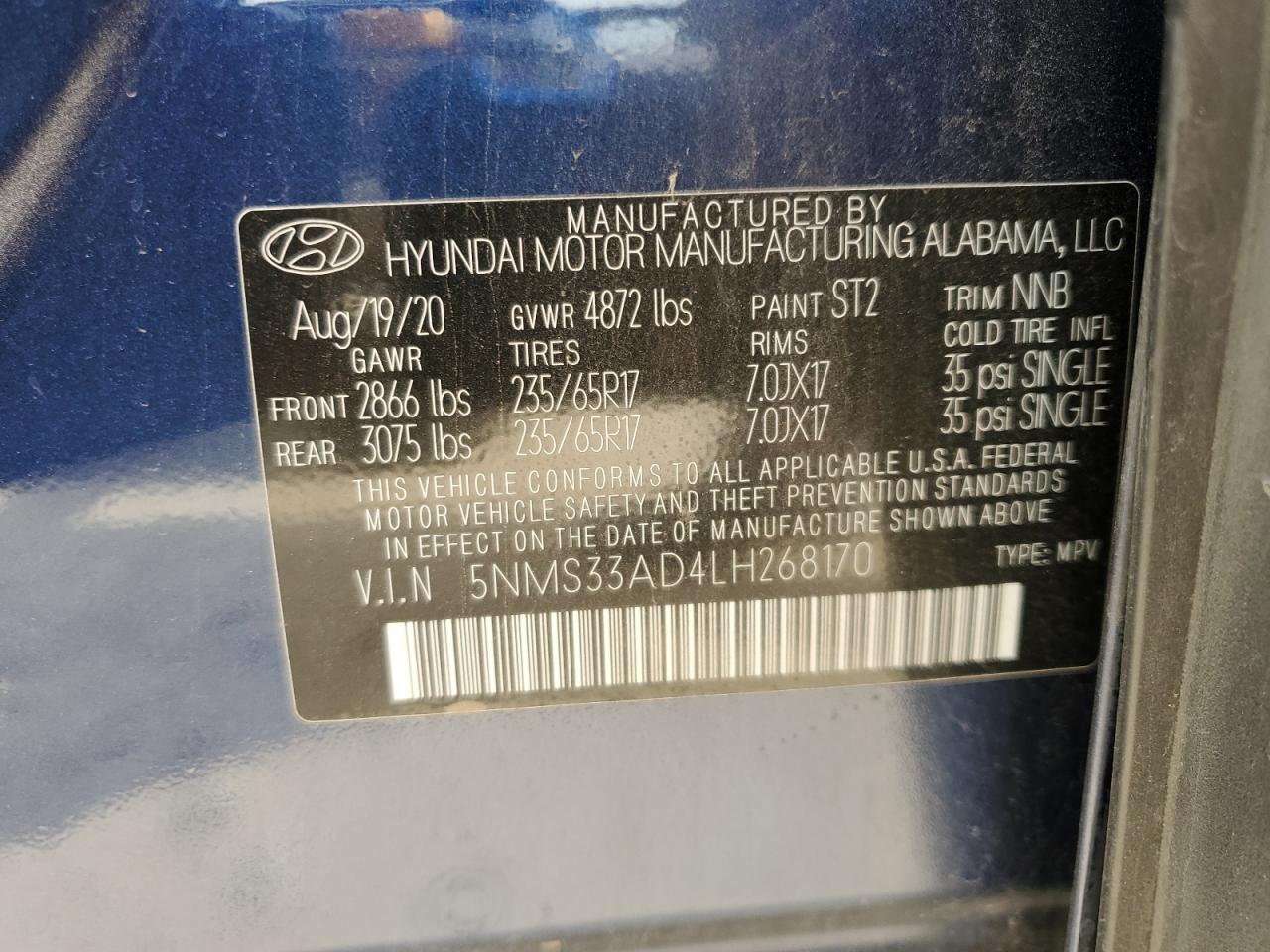 2020 Hyundai Santa Fe Sel VIN: 5NMS33AD4LH268170 Lot: 53996385
