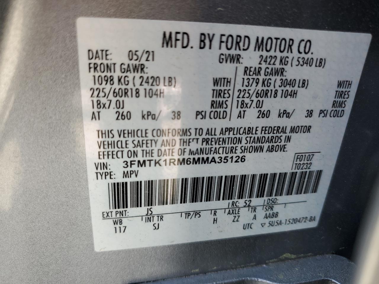 2021 Ford Mustang Mach-E Select VIN: 3FMTK1RM6MMA35126 Lot: 61196625