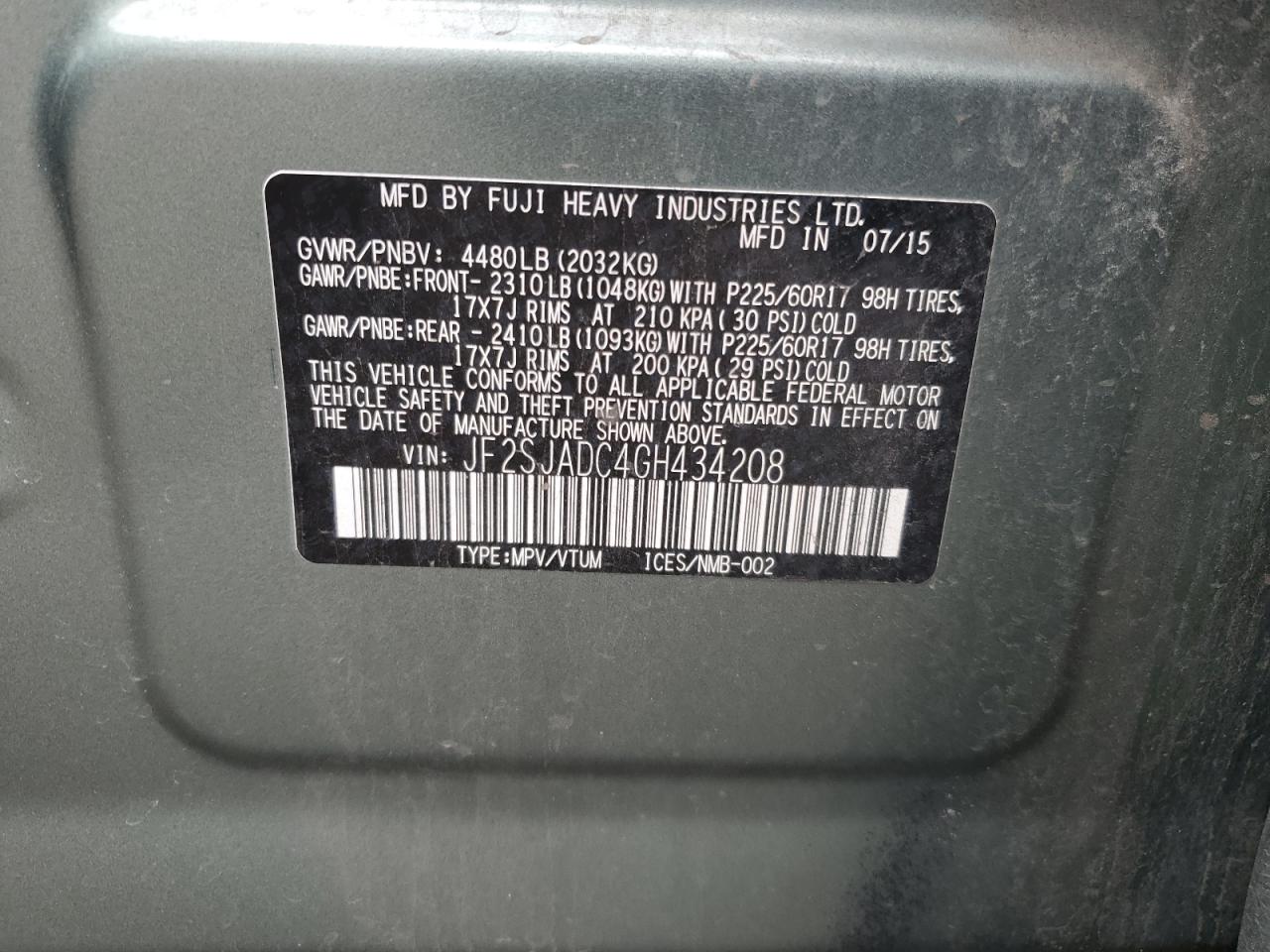 2016 Subaru Forester 2.5I Premium VIN: JF2SJADC4GH434208 Lot: 54435765