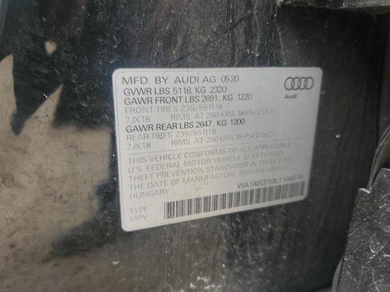 2020 Audi Q3 Premium VIN: WA1AECF33L1104516 Lot: 53087335