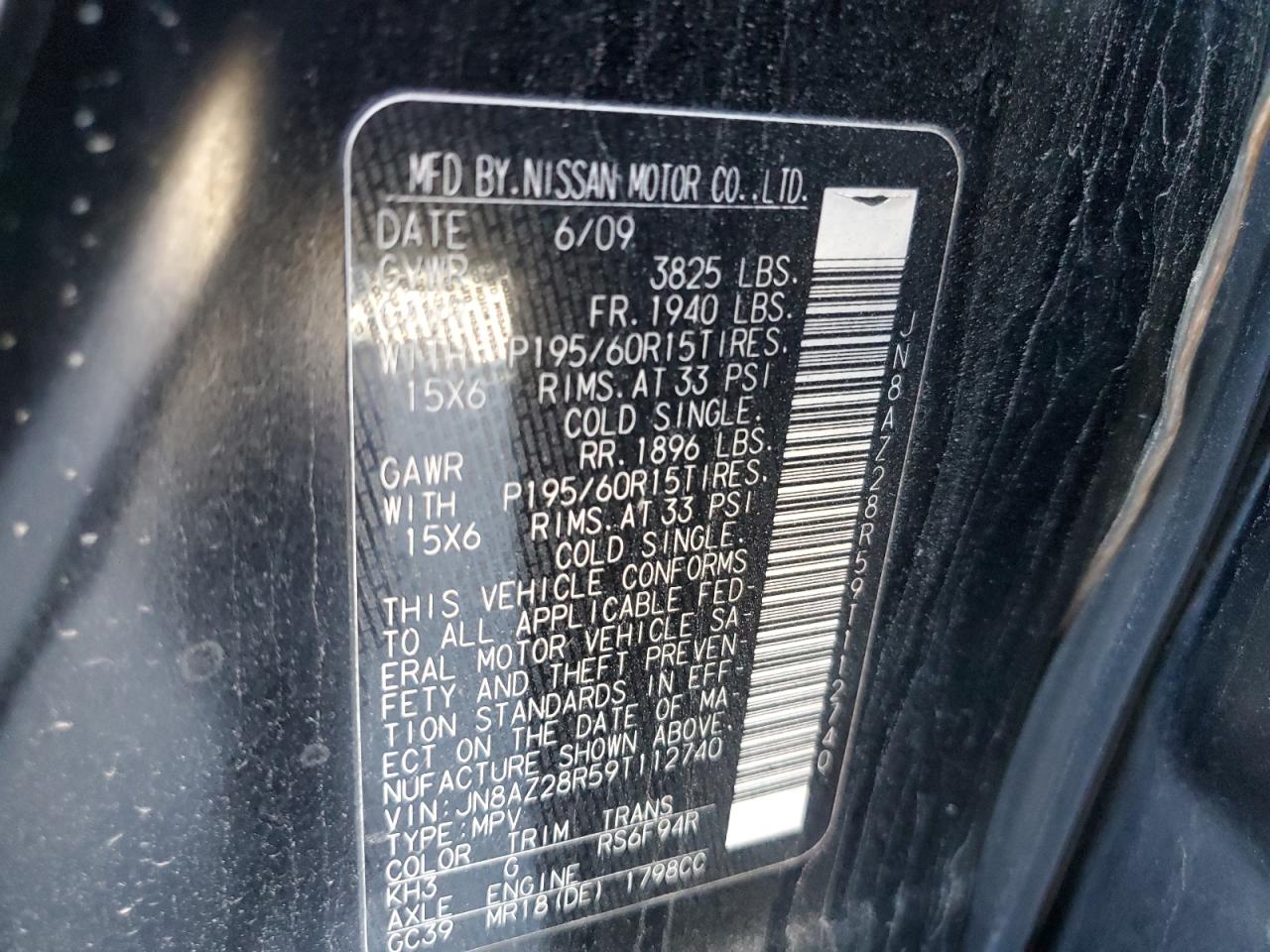 2009 Nissan Cube Base VIN: JN8AZ28R59T112740 Lot: 50887975