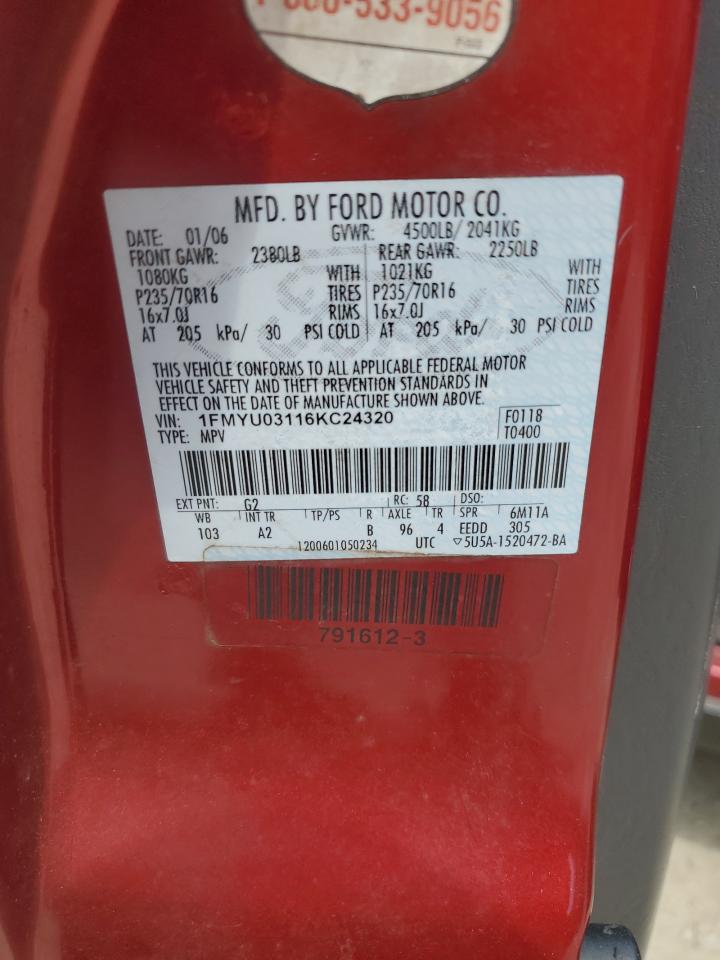 2006 Ford Escape Xlt VIN: 1FMYU03116KC24320 Lot: 54156365