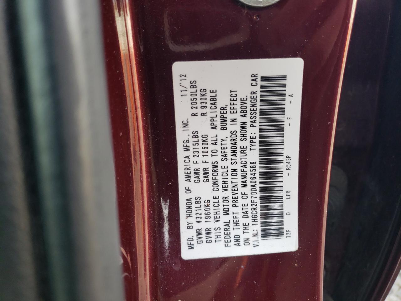 2013 Honda Accord Ex VIN: 1HGCR2F70DA064589 Lot: 52422805