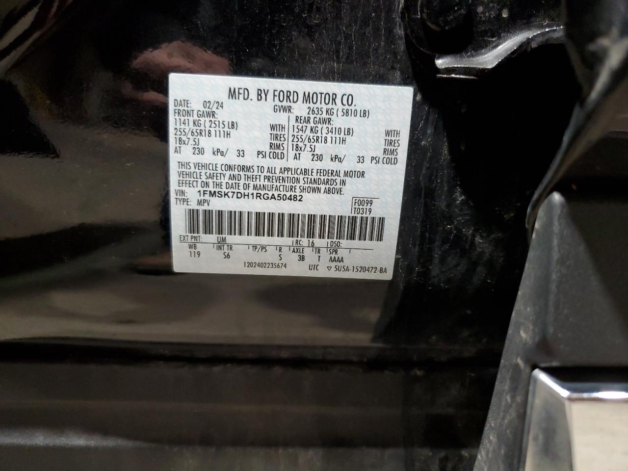 2024 Ford Explorer Xlt VIN: 1FMSK7DH1RGA50482 Lot: 53542645