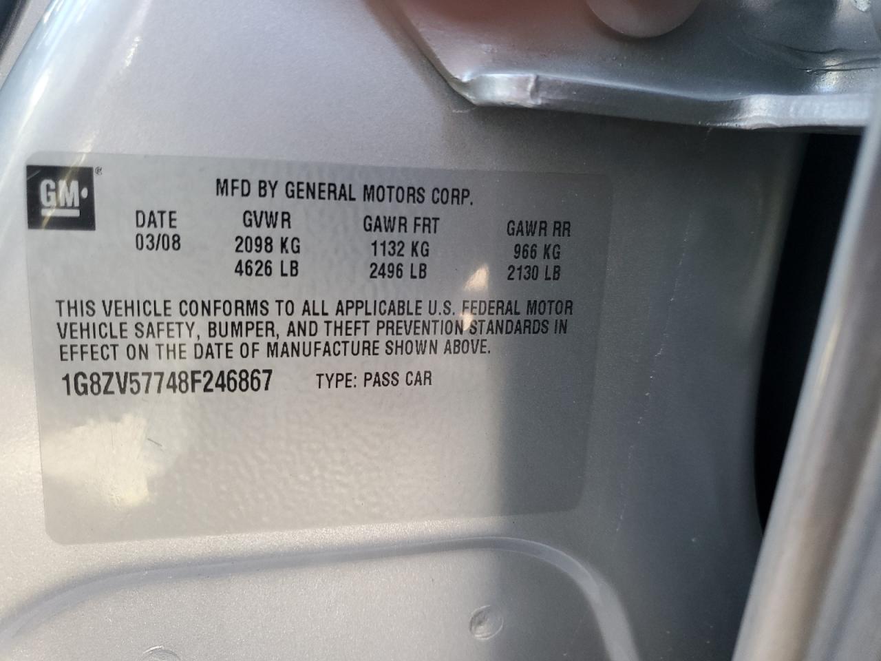 2008 Saturn Aura Xr VIN: 1G8ZV57748F246867 Lot: 54902575