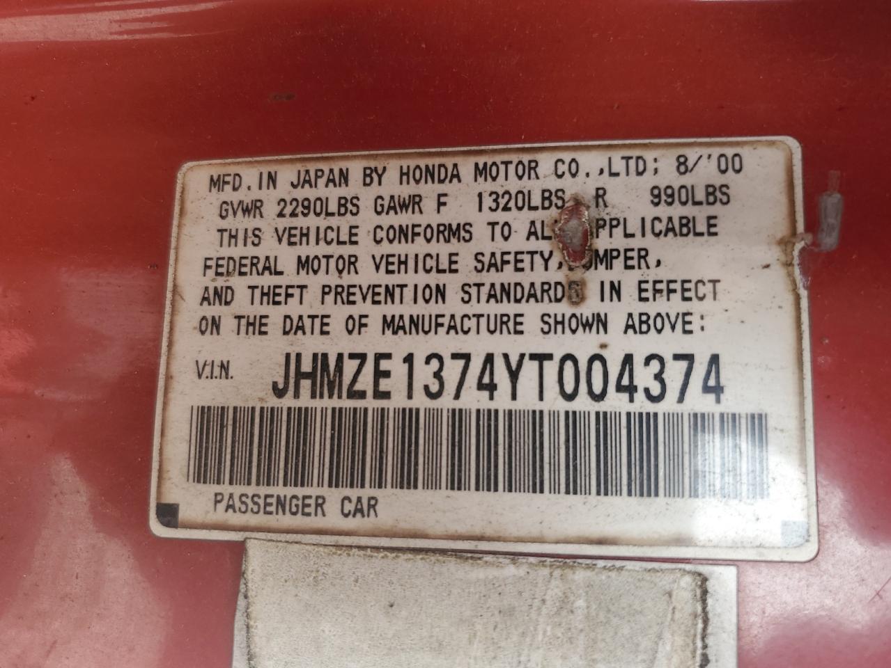 2000 Honda Insight VIN: JHMZE1374YT004374 Lot: 51375055