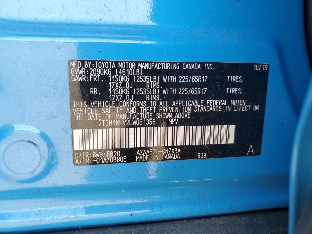 2020 Toyota Rav4 Le VIN: 2T3H1RFV2LW061356 Lot: 54868185