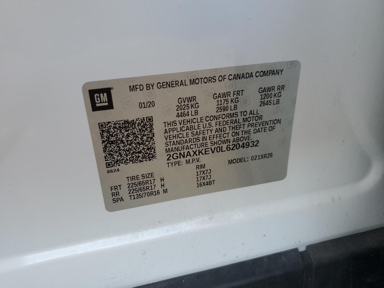 2020 Chevrolet Equinox Lt VIN: 2GNAXKEV0L6204932 Lot: 52130015