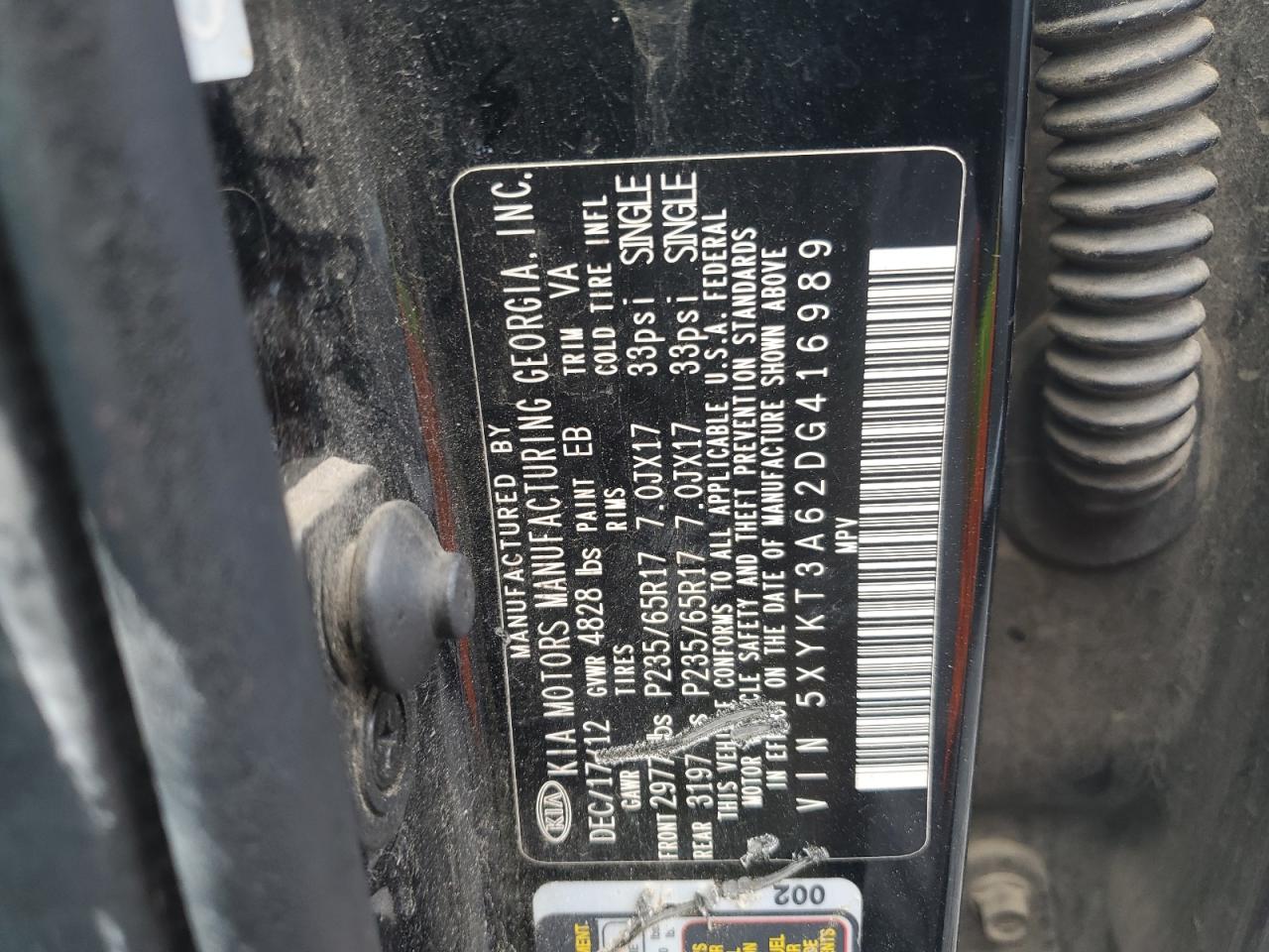 2013 Kia Sorento Lx VIN: 5XYKT3A62DG416989 Lot: 55416865