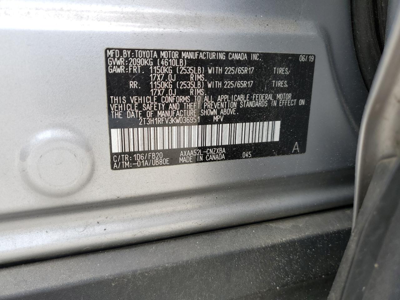 2019 Toyota Rav4 Le VIN: 2T3H1RFV3KW036951 Lot: 54156495