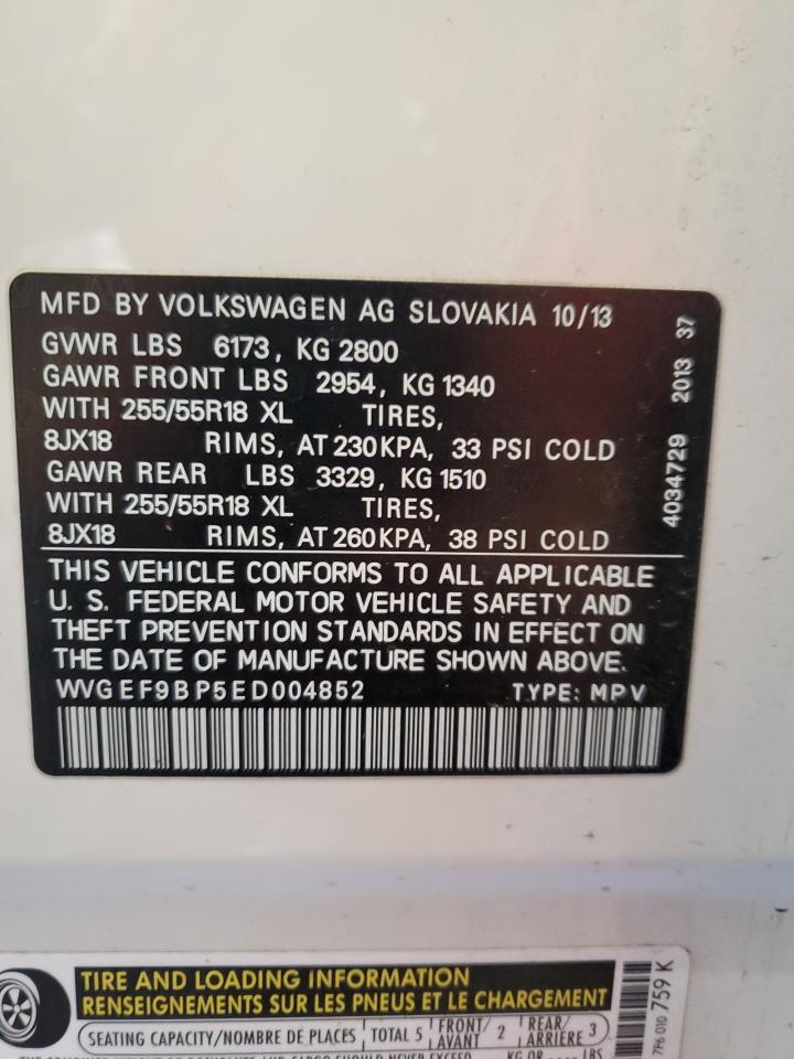 2014 Volkswagen Touareg V6 VIN: WVGEF9BP5ED004852 Lot: 52729125