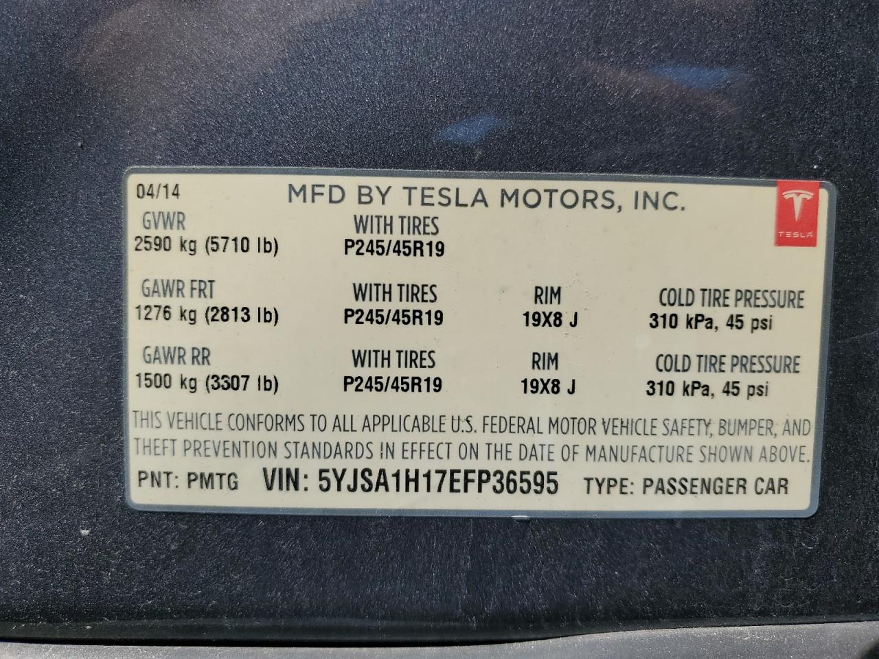 2014 Tesla Model S VIN: 5YJSA1H17EFP36595 Lot: 53705035