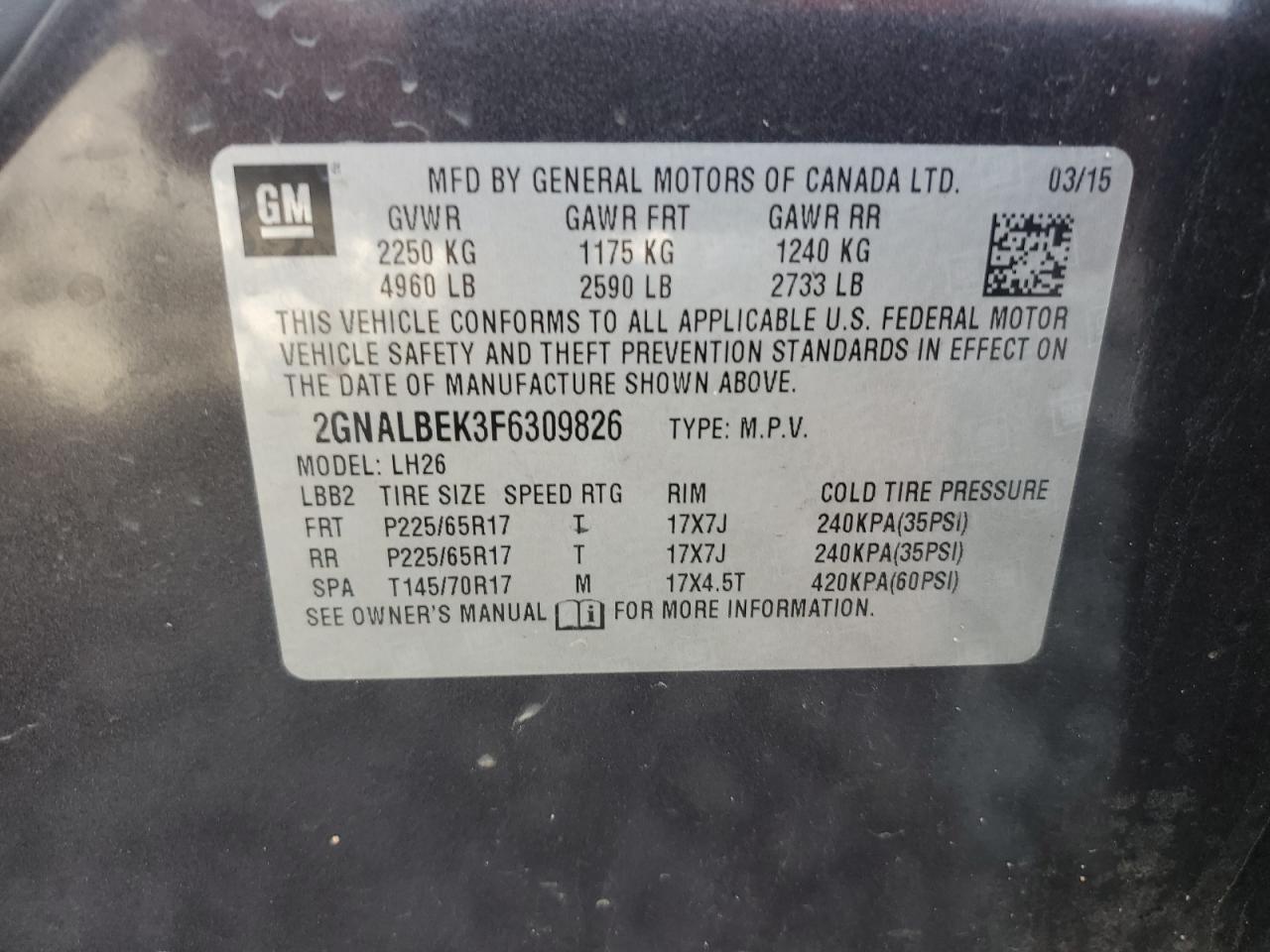2015 Chevrolet Equinox Lt VIN: 2GNALBEK3F6309826 Lot: 51444865