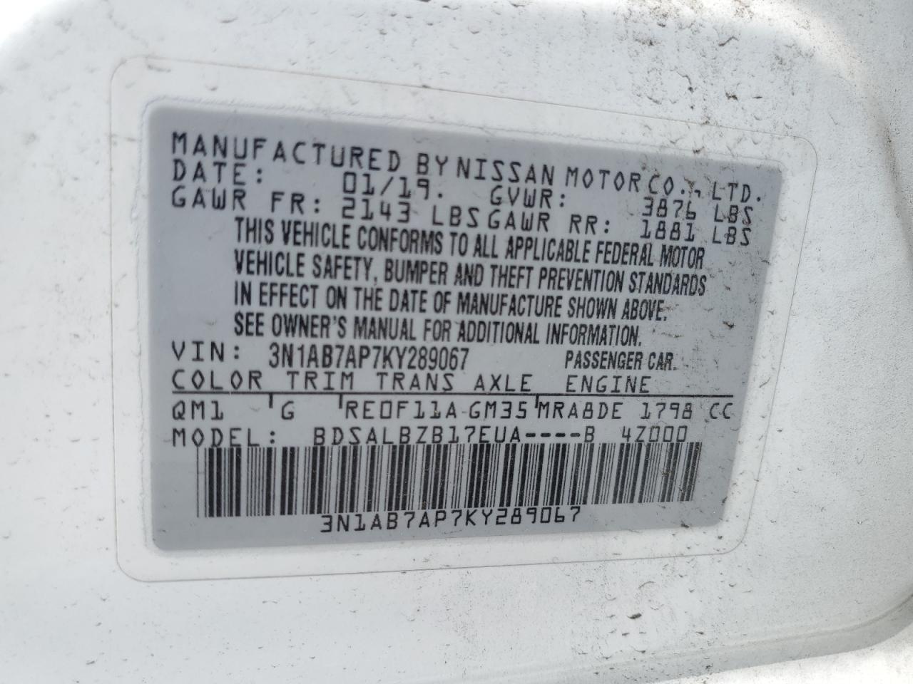 2019 Nissan Sentra S VIN: 3N1AB7AP7KY289067 Lot: 54071335