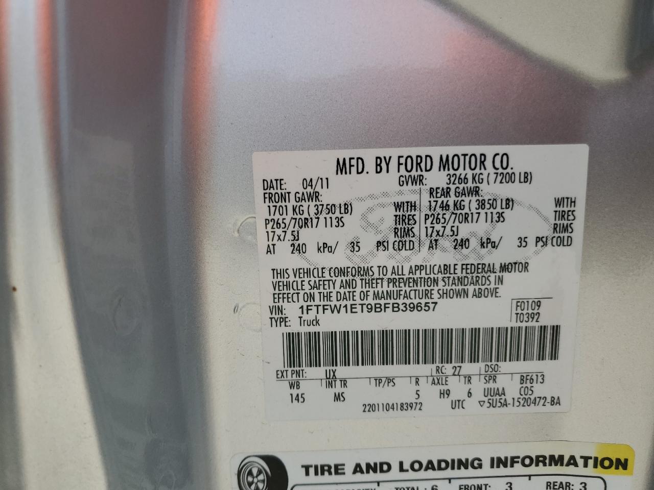 2011 Ford F150 Supercrew VIN: 1FTFW1ET9BFB39657 Lot: 51266105