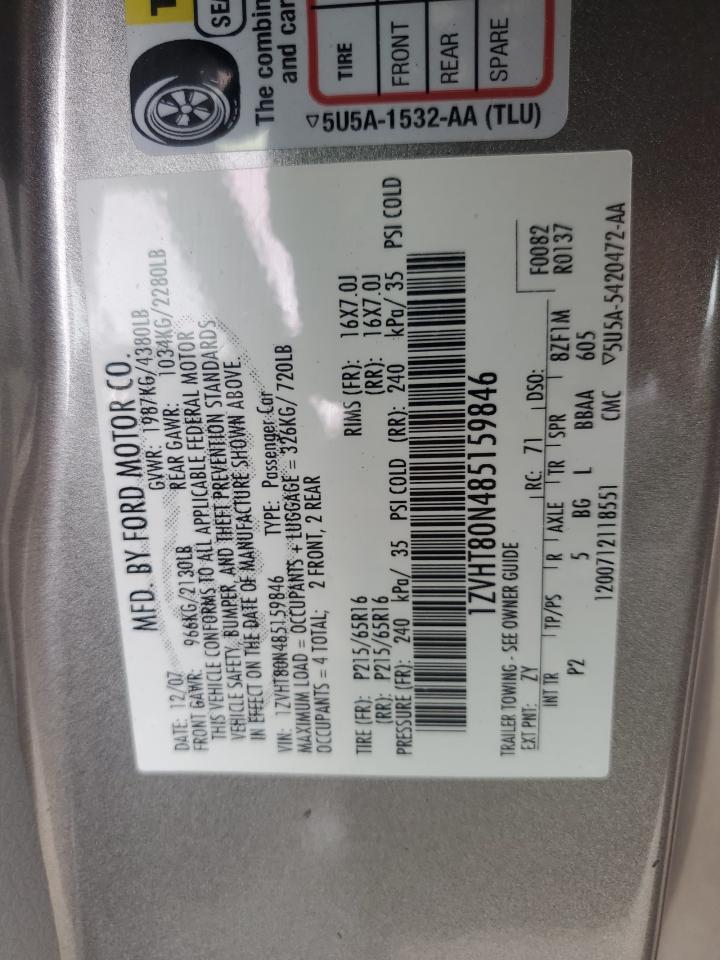 2008 Ford Mustang VIN: 1ZVHT80N485159846 Lot: 54542925