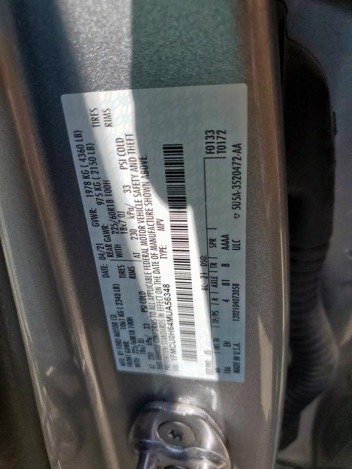 2021 Ford Escape Sel VIN: 1FMCU0H64MUA56348 Lot: 52913895