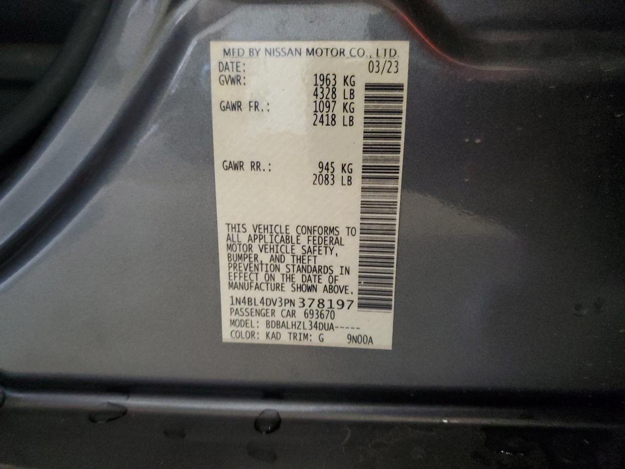 2023 Nissan Altima Sv VIN: 1N4BL4DV3PN378197 Lot: 53262605