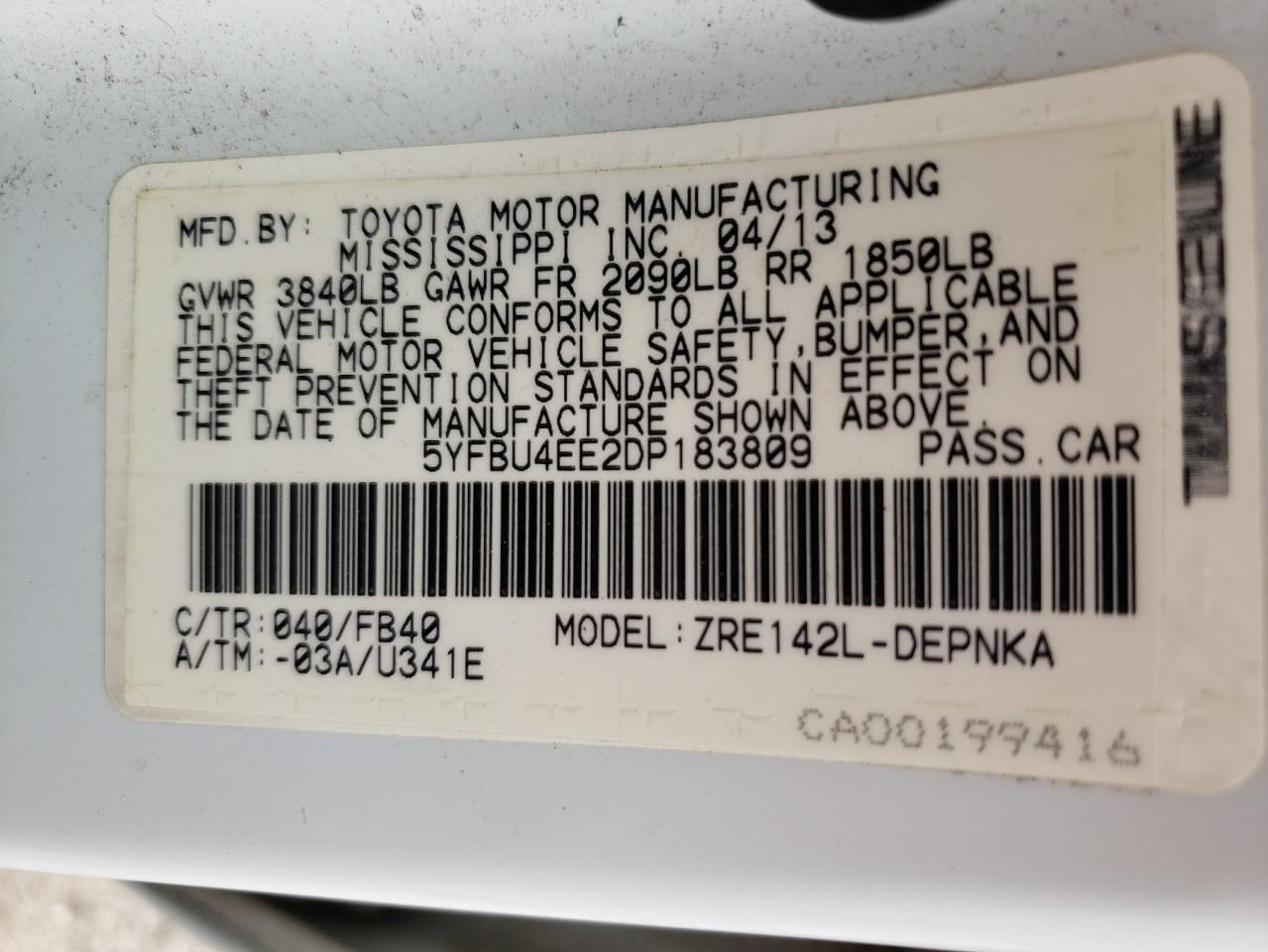2013 Toyota Corolla Base VIN: 5YFBU4EE2DP183809 Lot: 55231995