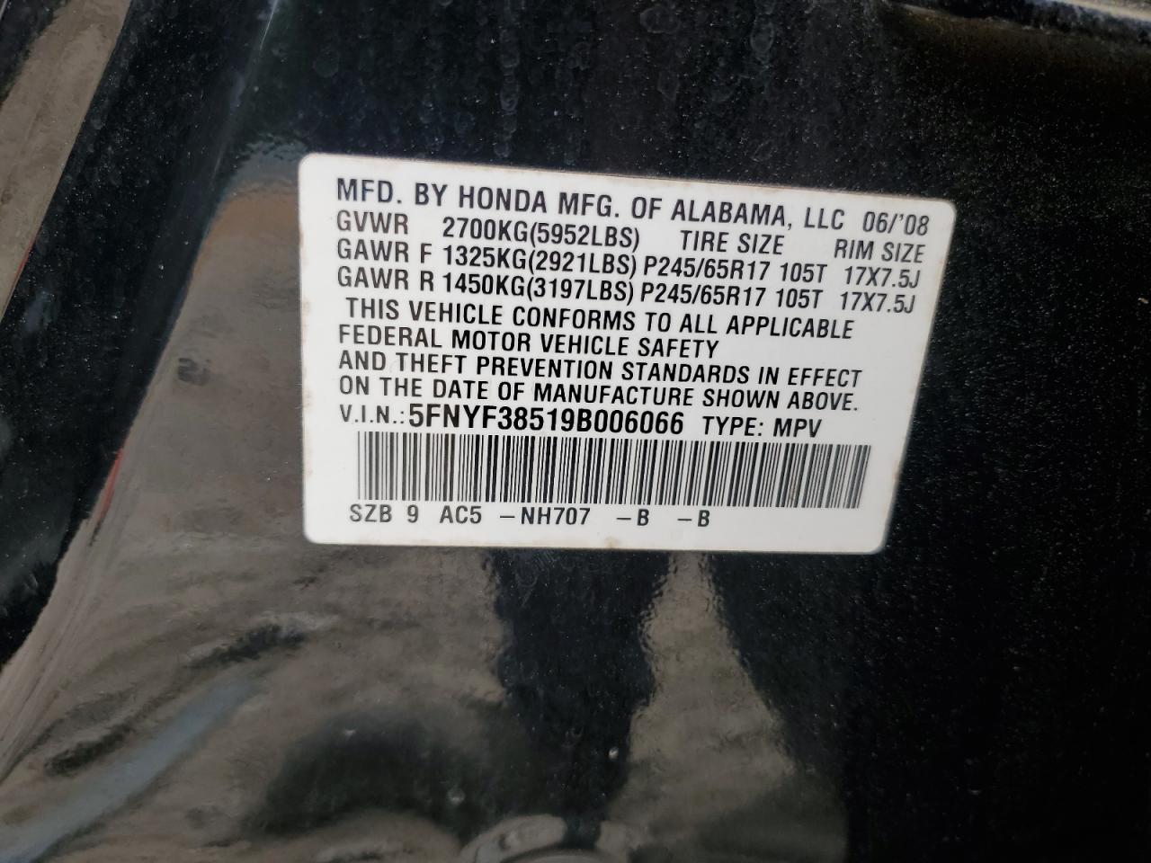 2009 Honda Pilot Exl VIN: 5FNYF38519B006066 Lot: 51838835