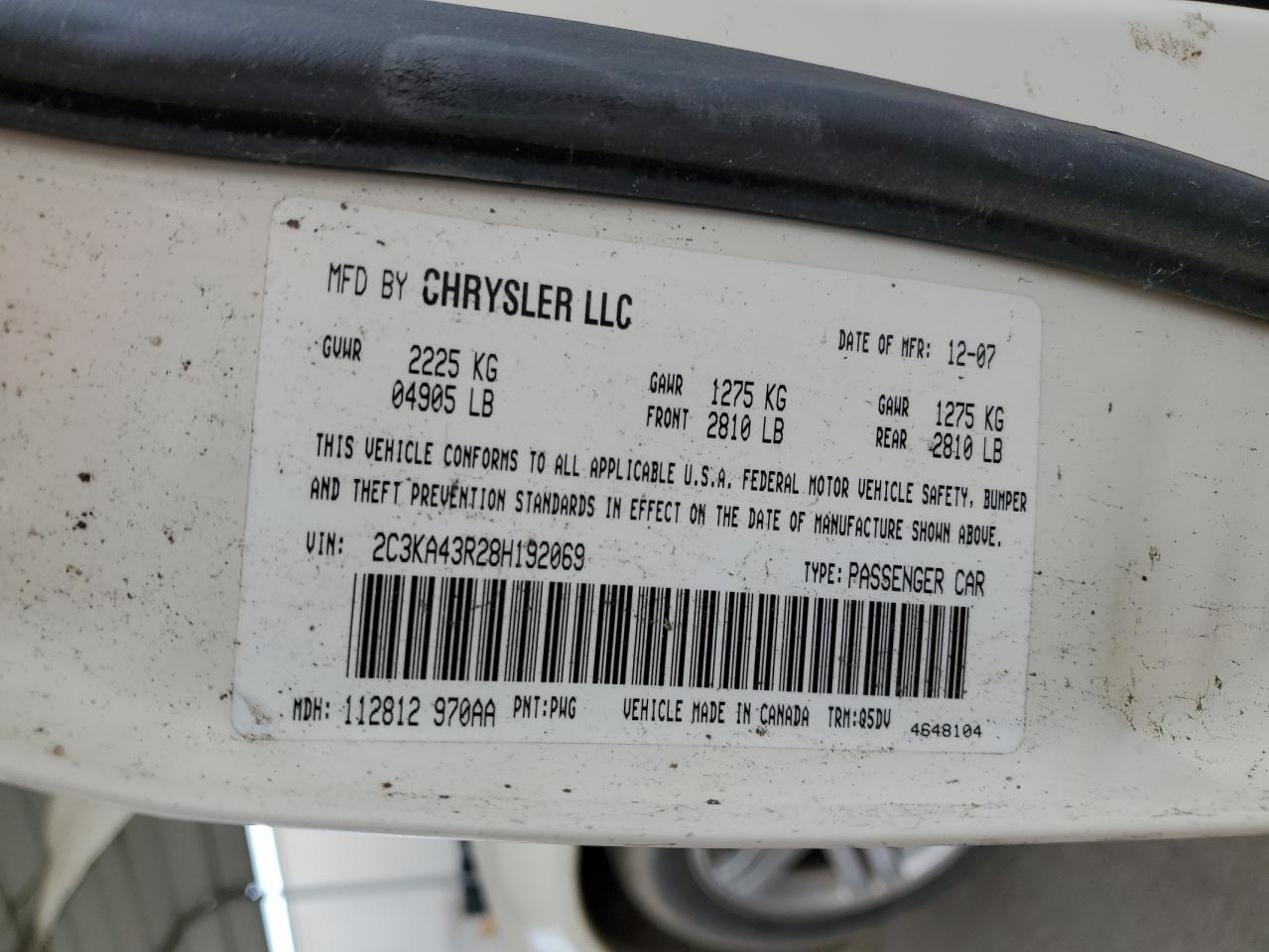 2008 Chrysler 300 VIN: 2C3KA4R28H19069 Lot: 53568495