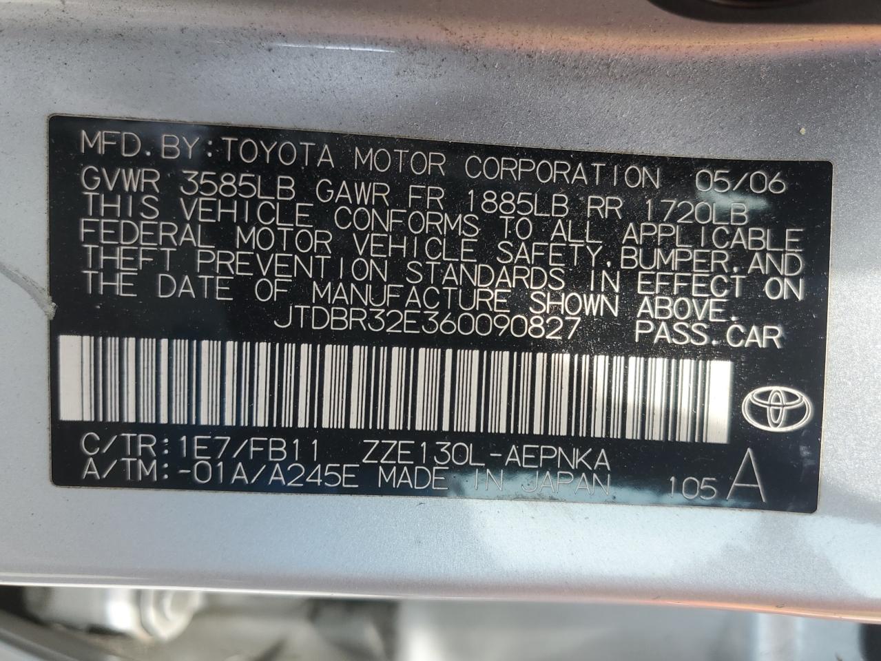 2006 Toyota Corolla Ce VIN: JTDBR32E360090827 Lot: 54718515