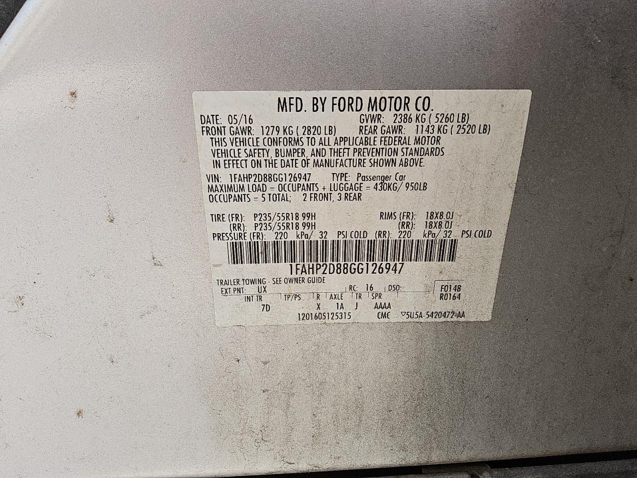 1FAHP2D88GG126947 FORD TAURUS 2016
