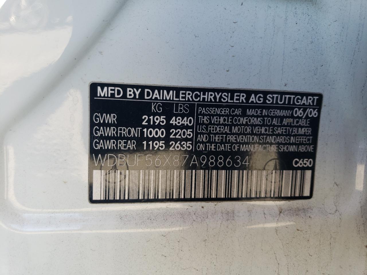 2007 Mercedes-Benz E 350 VIN: WDBUF56X87A988634 Lot: 52616955