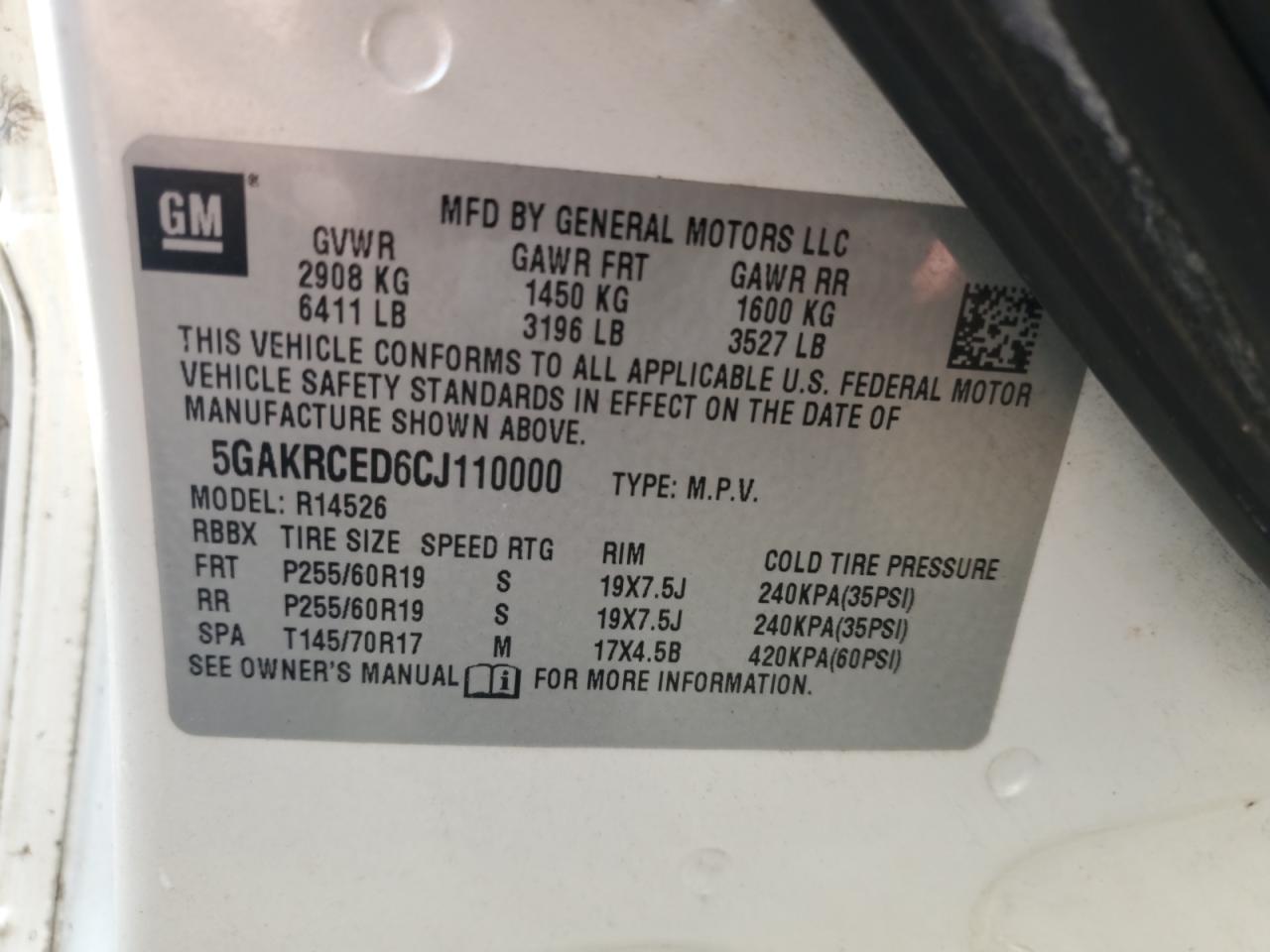 2012 Buick Enclave VIN: 5GAKRCED6CJ110000 Lot: 53274545