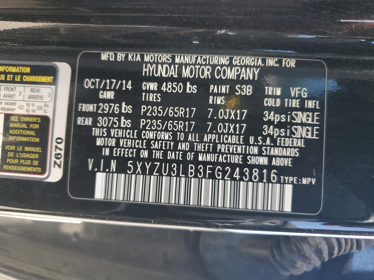 2015 Hyundai Santa Fe Sport VIN: 5XYZU3LB3FG243816 Lot: 54683915