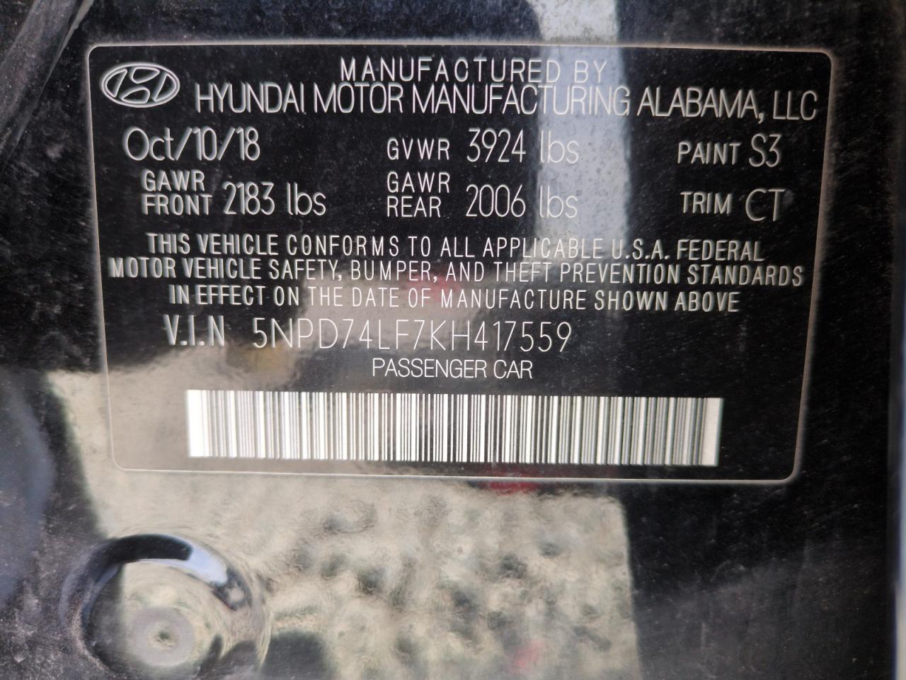 2019 Hyundai Elantra Se VIN: 5NPD74LF7KH417559 Lot: 52741685
