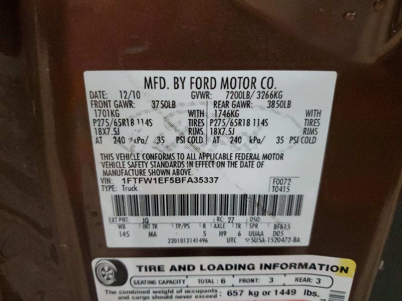 2011 Ford F150 Supercrew VIN: 1FTFW1EF5BFA35337 Lot: 52296755