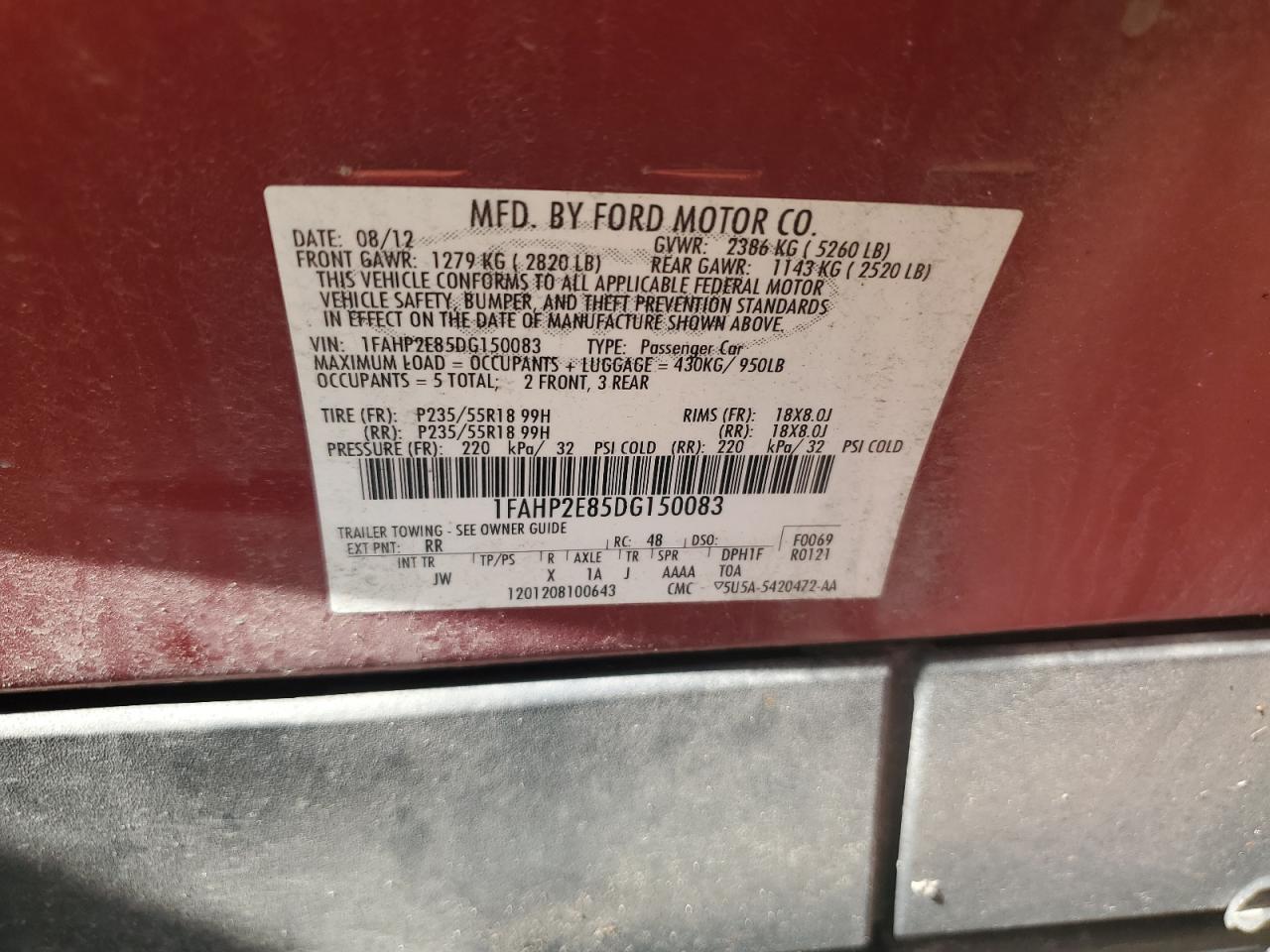 2013 Ford Taurus Sel VIN: 1FAHP2E85DG150083 Lot: 54245075