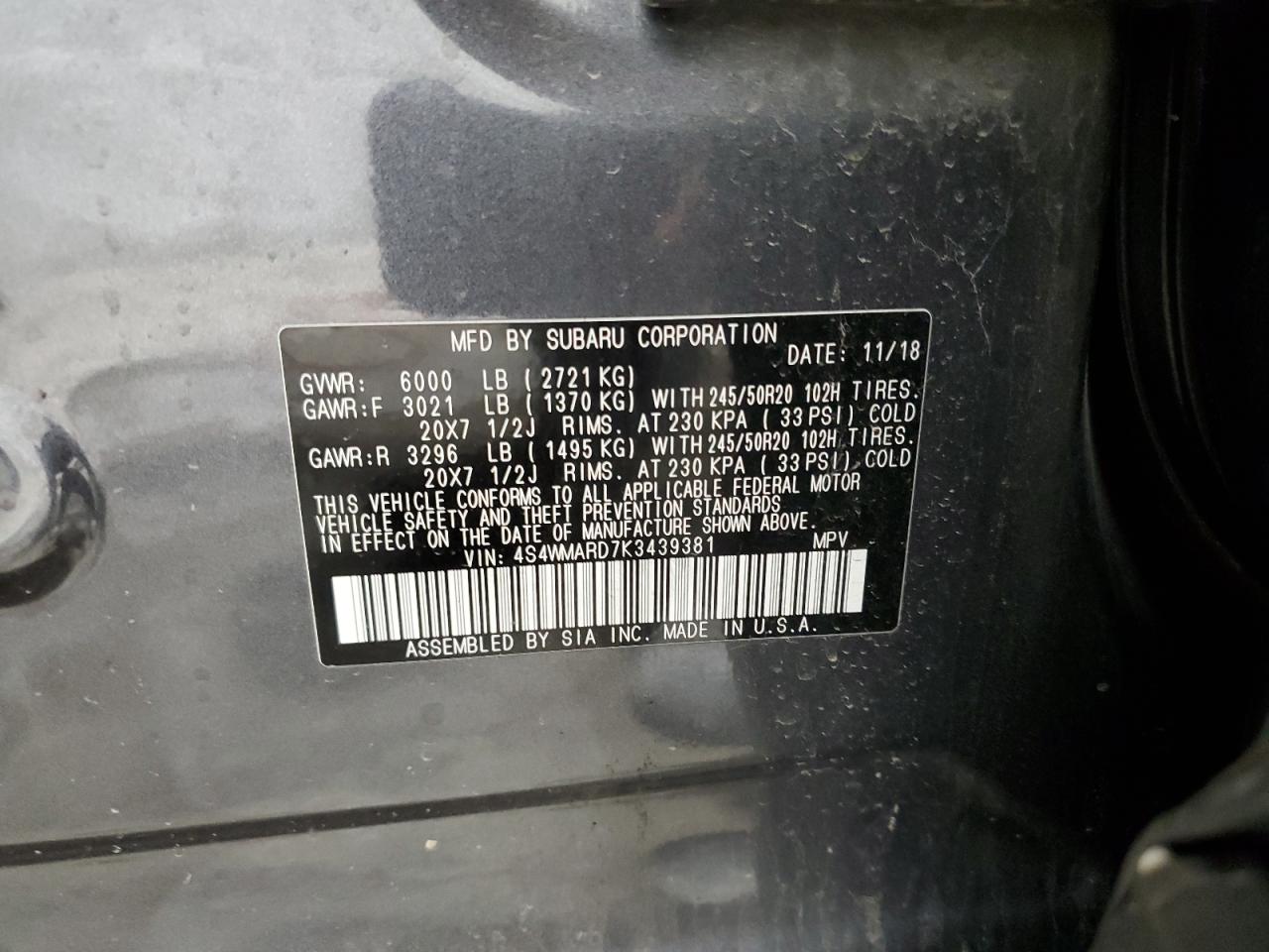 2019 Subaru Ascent Touring VIN: 4S4WMARD7K3439381 Lot: 53375035