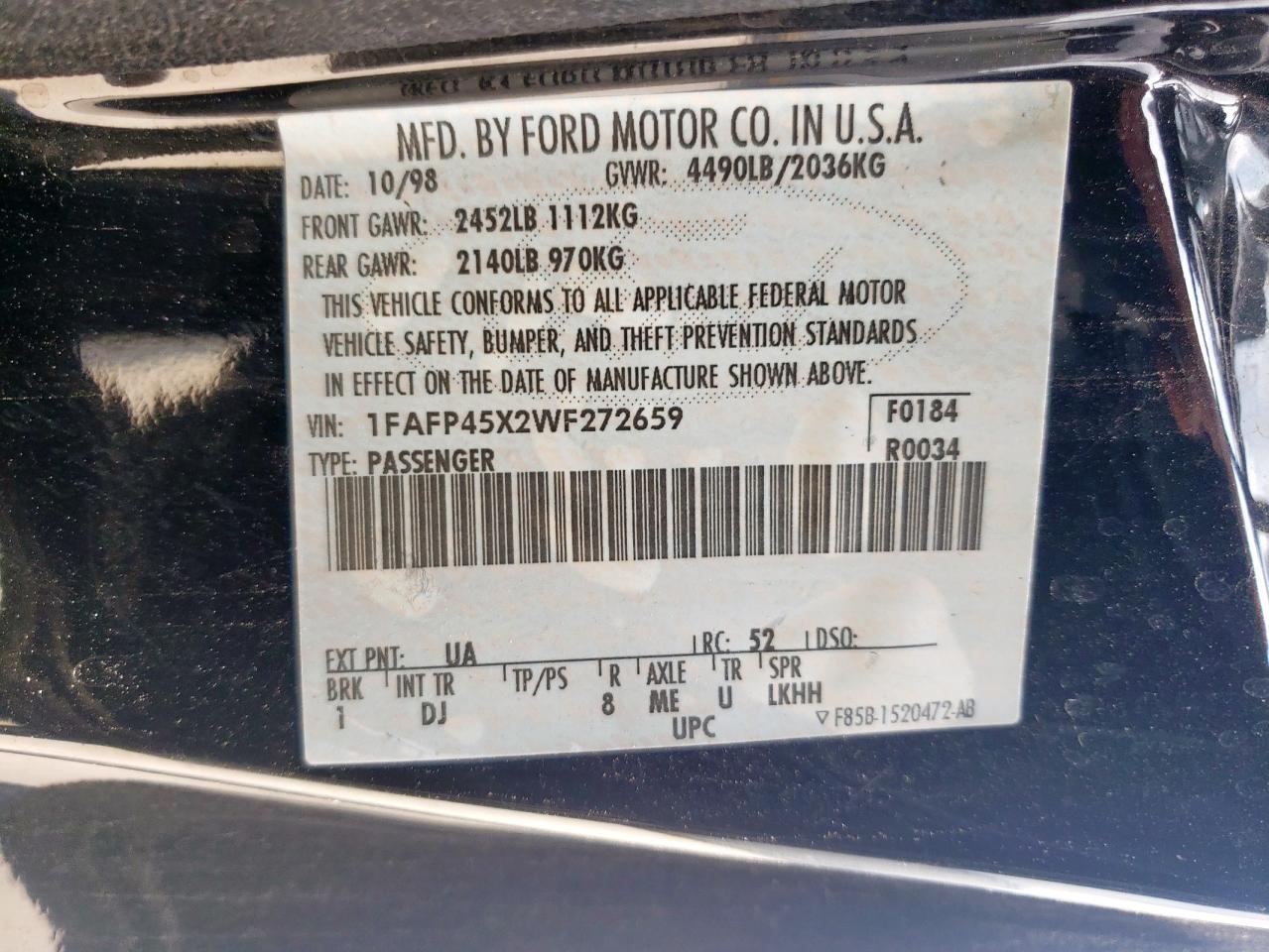 1998 Ford Mustang Gt VIN: 1FAFP45X2WF272659 Lot: 54121775