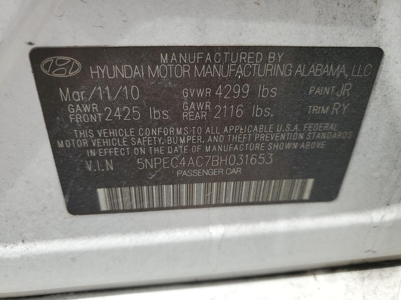 2011 Hyundai Sonata Se VIN: 5NPEC4AC7BH031653 Lot: 55137075