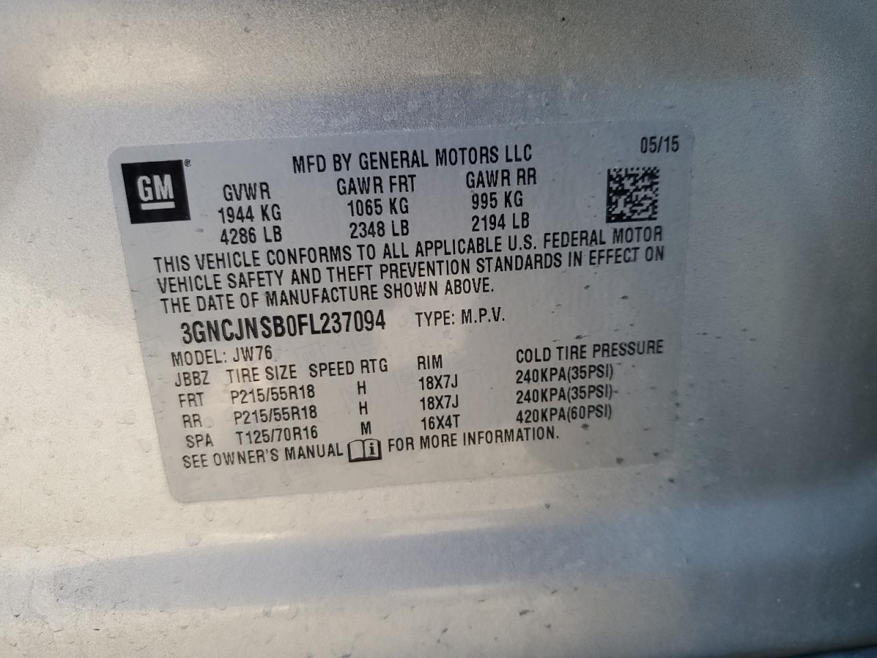 2015 Chevrolet Trax Ltz VIN: 3GNCJNSB0FL237094 Lot: 54407725