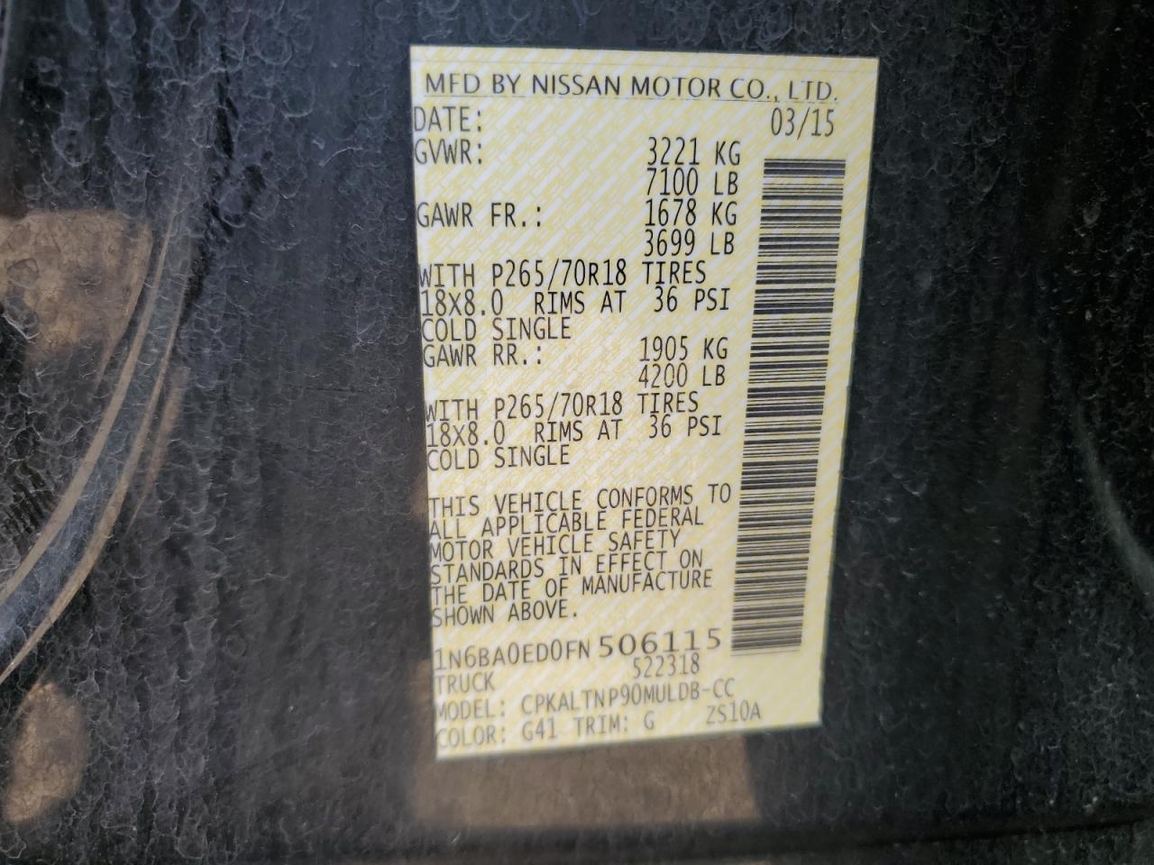2015 Nissan Titan S VIN: 1N6BA0ED0FN506115 Lot: 52190365