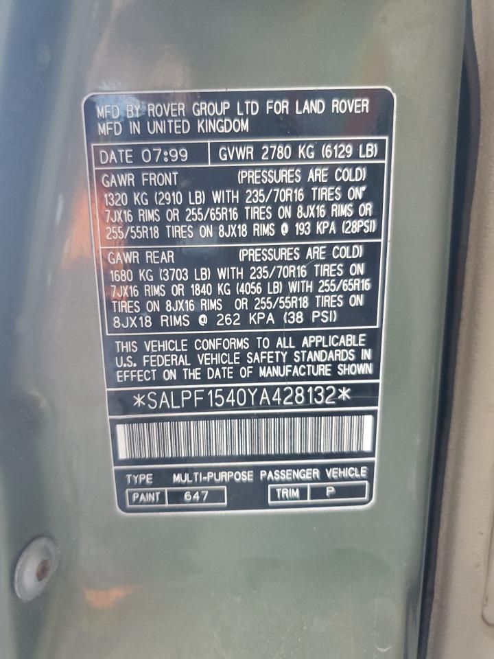 2000 Land Rover Range Rover 4.0 Se Long Wheelbase VIN: SALPF1540YA428132 Lot: 55442455