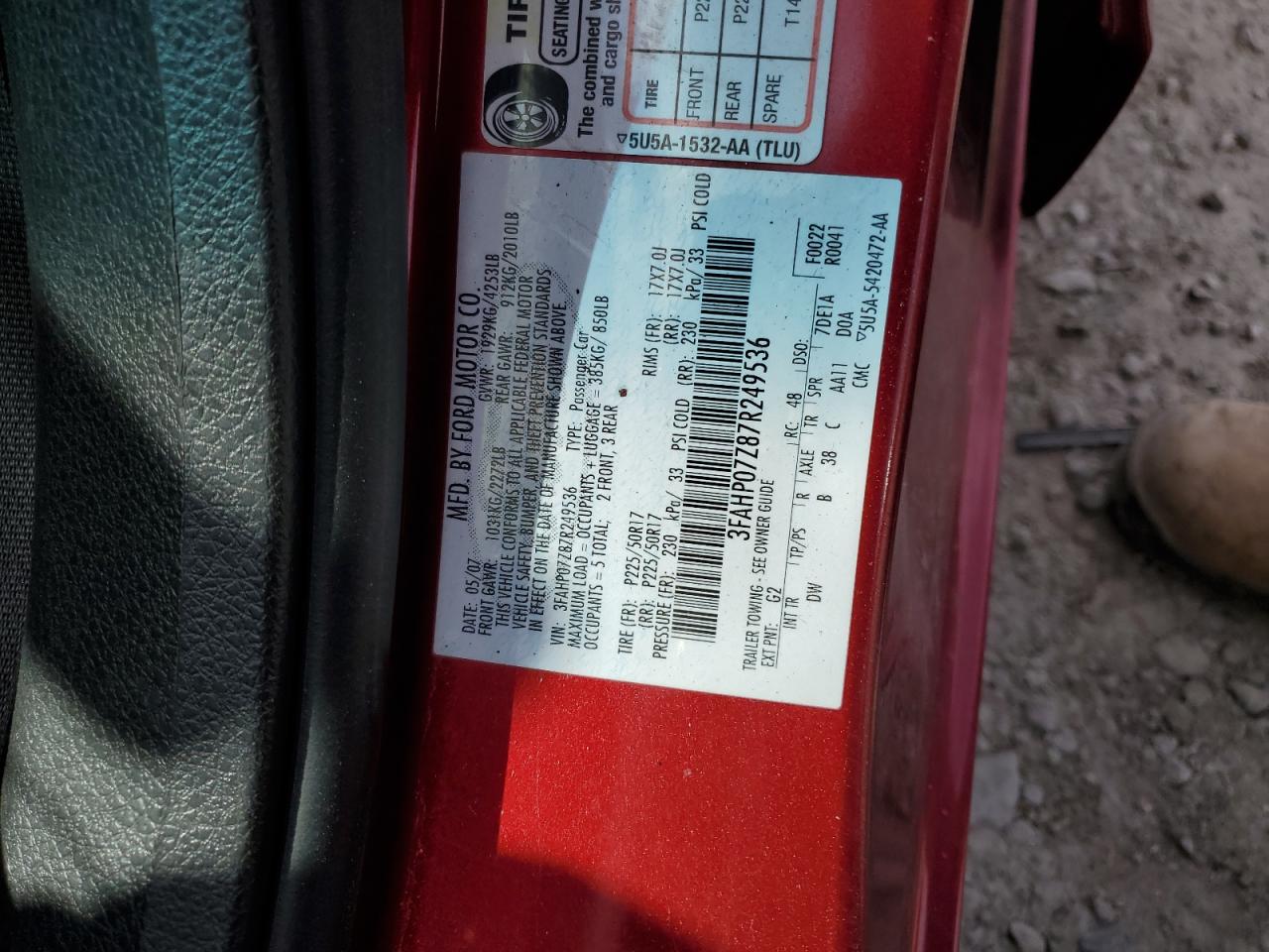 2007 Ford Fusion Se VIN: 3FAHP07Z87R249536 Lot: 52414685