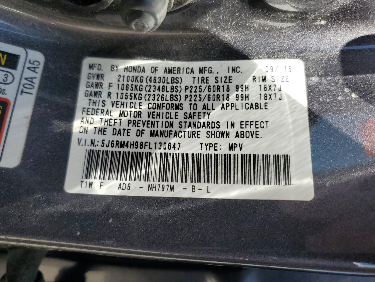 2015 Honda Cr-V Touring VIN: 5J6RM4H98FL130647 Lot: 55151345