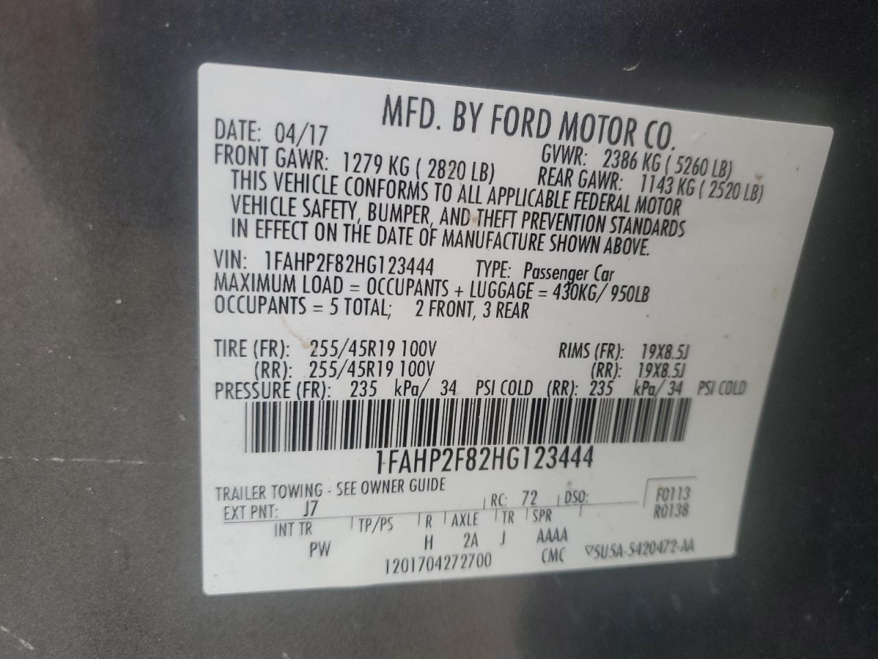 2017 Ford Taurus Limited VIN: 1FAHP2F82HG123444 Lot: 53259525