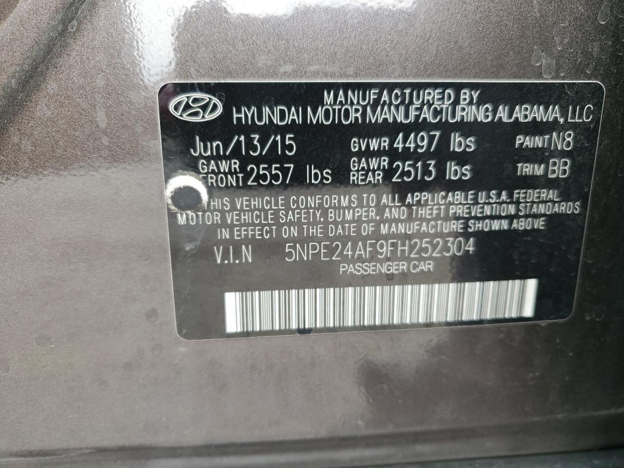 2015 Hyundai Sonata Se VIN: 5NPE24AF9FH252304 Lot: 53579455