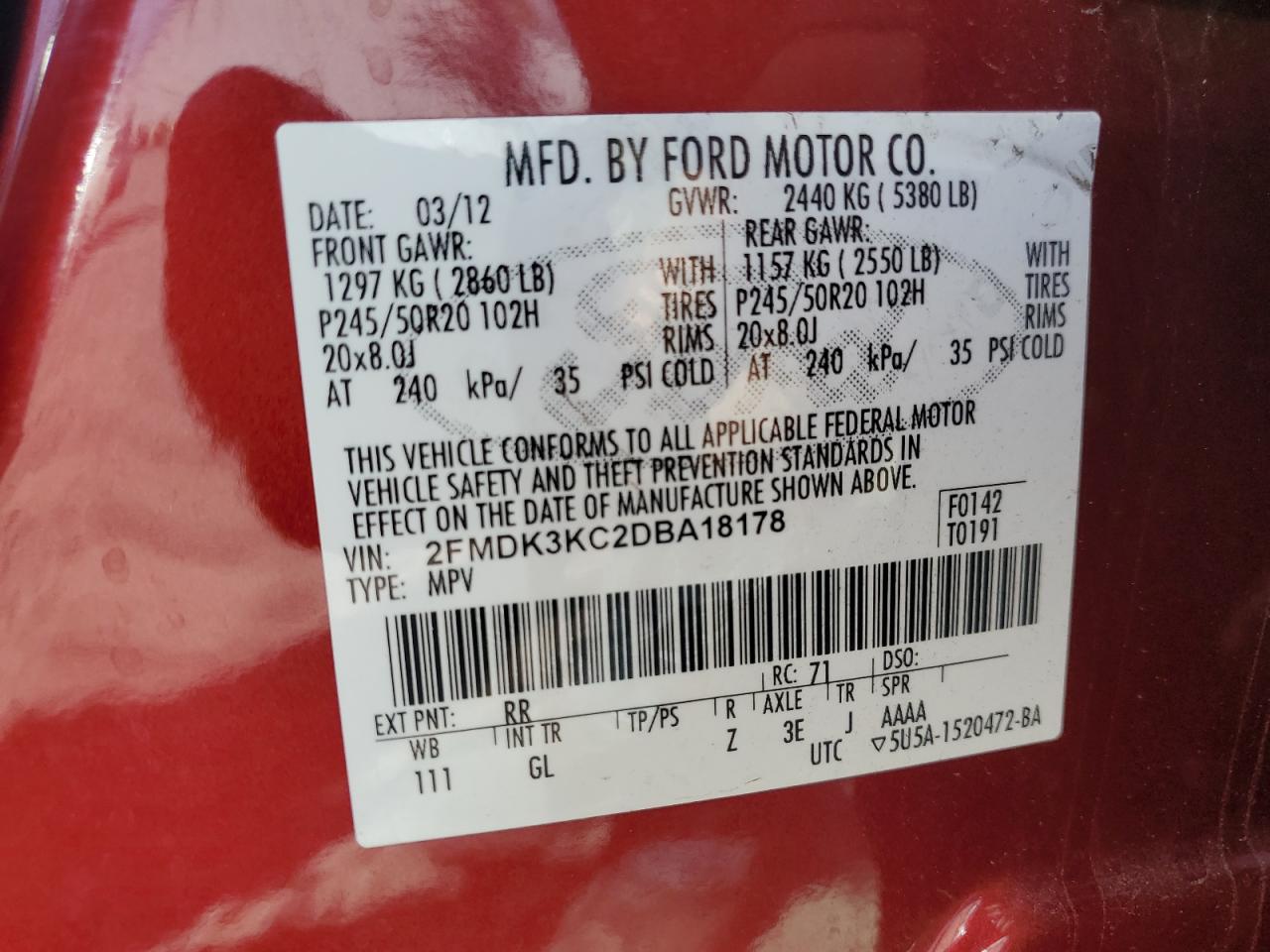 2013 Ford Edge Limited VIN: 2FMDK3KC2DBA18178 Lot: 53981225