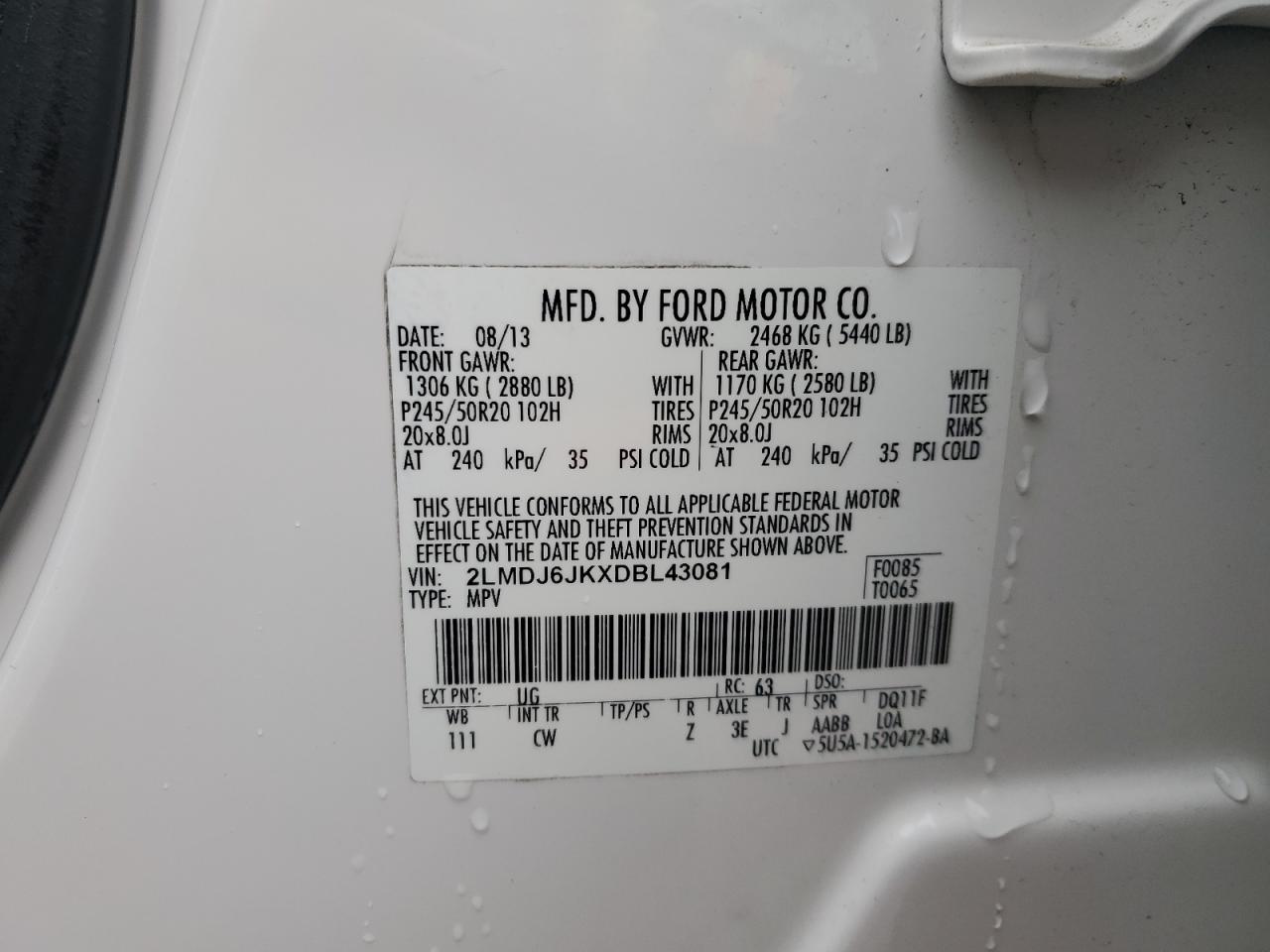 2013 Lincoln Mkx VIN: 2LMDJ6JKXDBL43081 Lot: 54916985